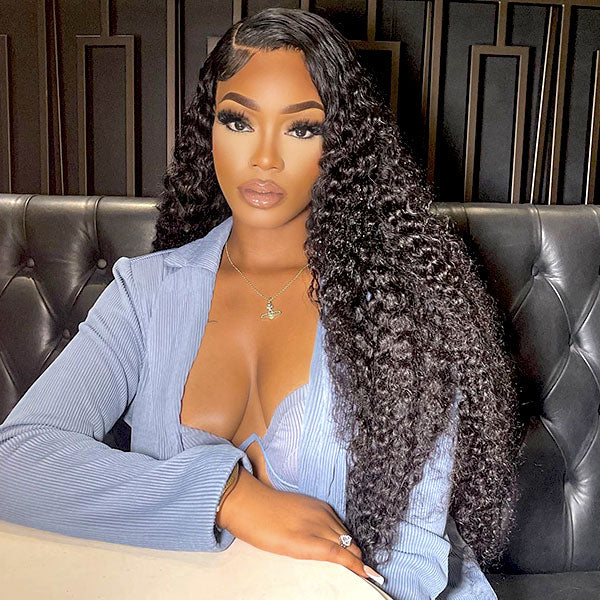 Angiequeen Water Wave Real 4X4 HD /Transparent Lace Closure Glueless Long Virgin Wig