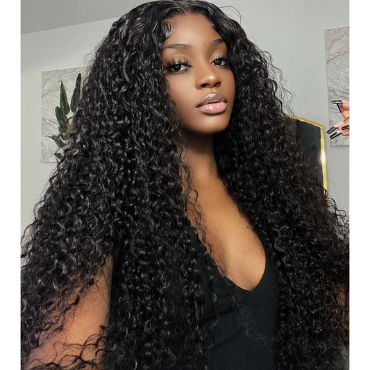 Angiequeen Real 4X4 HD /Transparent Lace Closure Curly Wave Glueless Long Wig