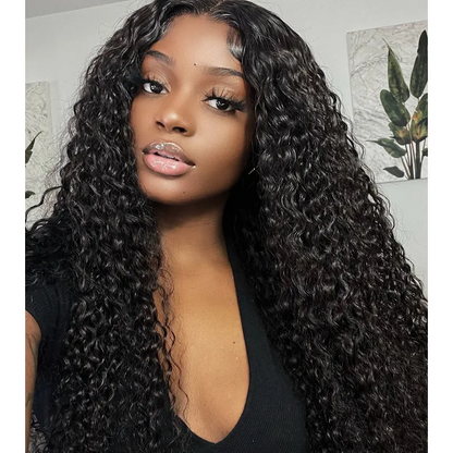 Angiequeen Real 4X4 HD /Transparent Lace Closure Curly Wave Glueless Long Wig
