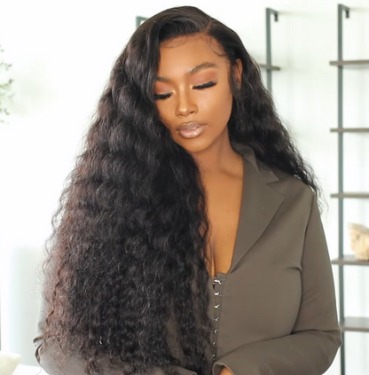 Angiequeen Loose Deep  Wave Real 13X4 HD /Transparent Long Glueless Natural Black Wig