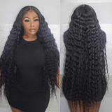 Angiequeen Loose Deep  Wave Real 13X4 HD /Transparent Long Glueless Natural Black Wig