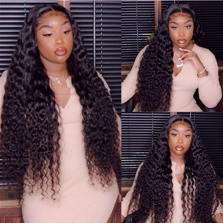 Angiequeen Loose Deep  Wave Real 13X4 HD /Transparent Long Glueless Natural Black Wig