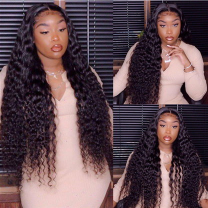 Angiequeen Loose Deep  Wave Real 13X4 HD /Transparent Long Glueless Natural Black Wig
