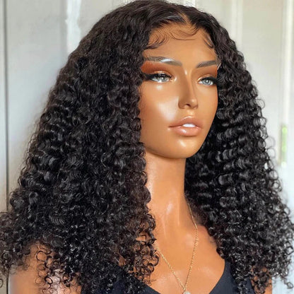 Angiequeen Real 4X4 HD /Transparent Lace Closure Curly Wave Glueless Long Wig