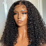Angiequeen Real 4X4 HD /Transparent Lace Closure Curly Wave Glueless Long Wig