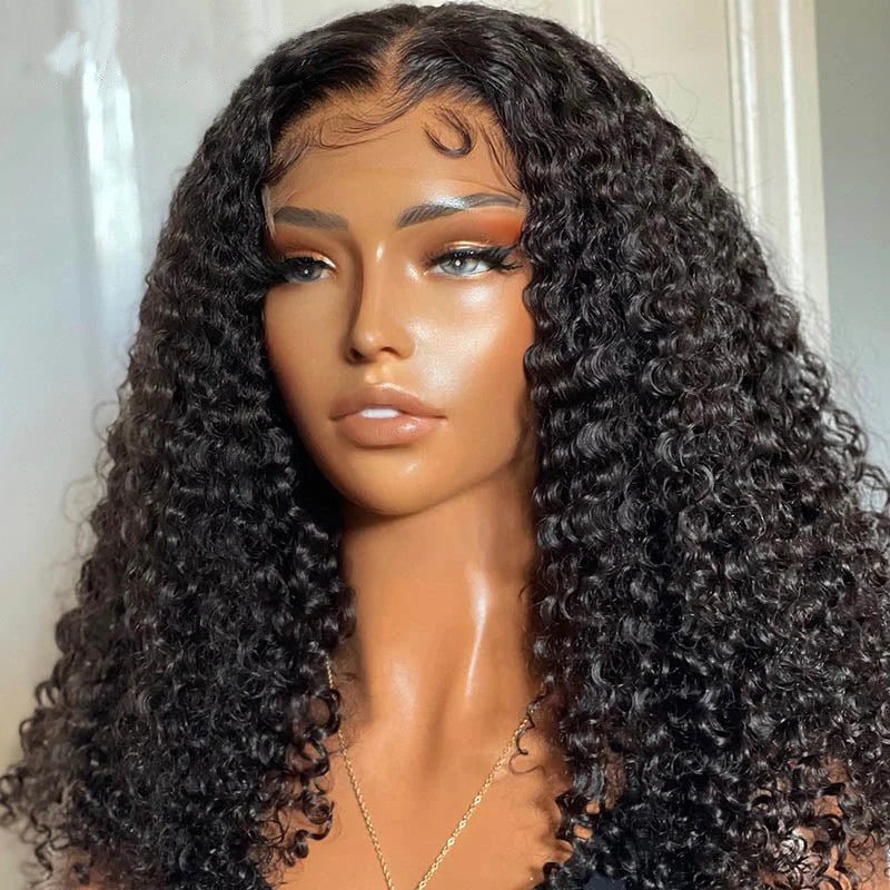 Angiequeen Real 4X4 HD /Transparent Lace Closure Curly Wave Glueless Long Wig