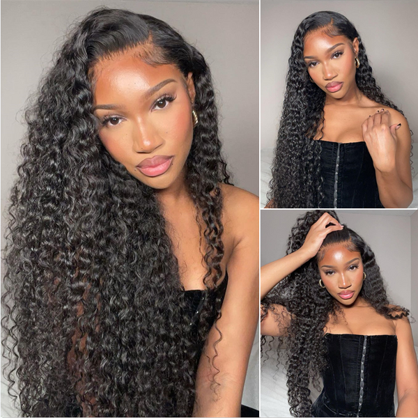 Angiequeen Water Wave Real 13X4 HD /Transparent 18-36 inches Natural Black Long Wig