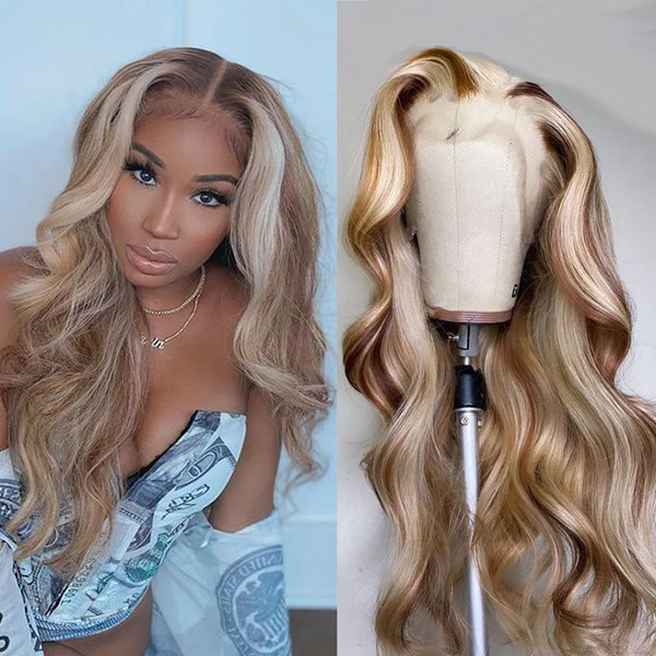 Angie Queen Brown Wig With Blonde Highlights #P4/613 Body Wave Lace Front Wigs Human Hair