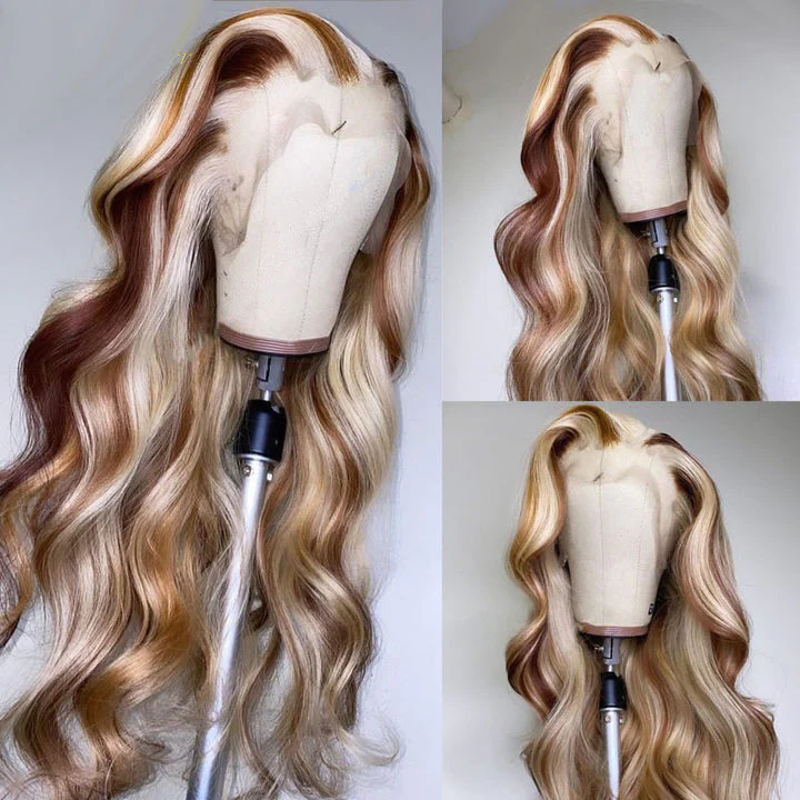 Angie Queen Brown Wig With Blonde Highlights #P4/613 Body Wave Lace Front Wigs Human Hair