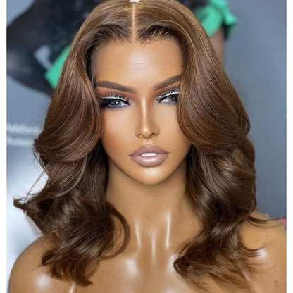 AngieQueen Chocolate Brown Body Wave Human Hair Lace Front Bob Wig 180% Density