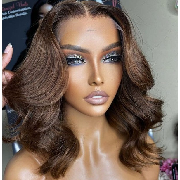 AngieQueen Chocolate Brown Body Wave Human Hair Lace Front Bob Wig 180% Density