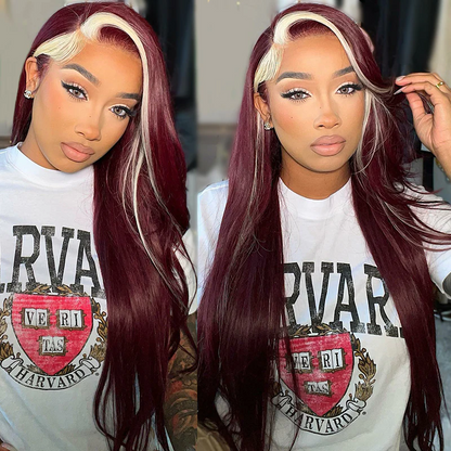 AngieQueen 99J & Blonde Skunk Stripe Color Human Hair Wigs 13*4 Lace Front Wig