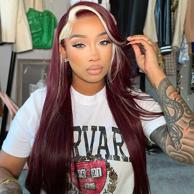 AngieQueen 99J & Blonde Skunk Stripe Color Human Hair Wigs 13*4 Lace Front Wig