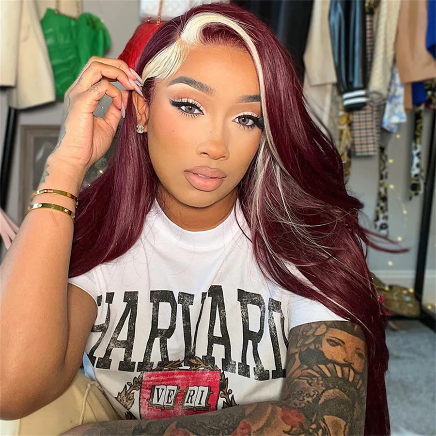 AngieQueen 99J & Blonde Skunk Stripe Color Human Hair Wigs 13*4 Lace Front Wig