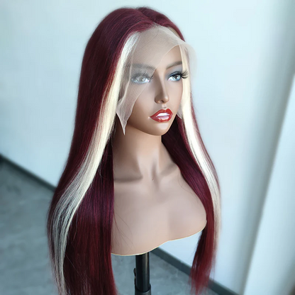 AngieQueen 99J & Blonde Skunk Stripe Color Human Hair Wigs 13*4 Lace Front Wig