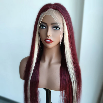 AngieQueen 99J & Blonde Skunk Stripe Color Human Hair Wigs 13*4 Lace Front Wig
