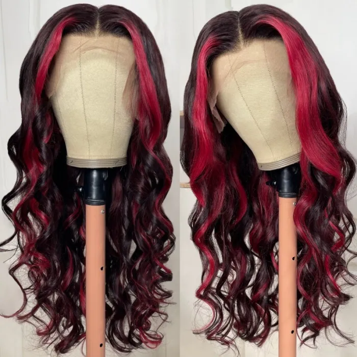 AngieQueen 13x4 Lace Frontal Wig 99J Colored With Rose Red Highlight Straight / Loose Wave Wig 180% Density