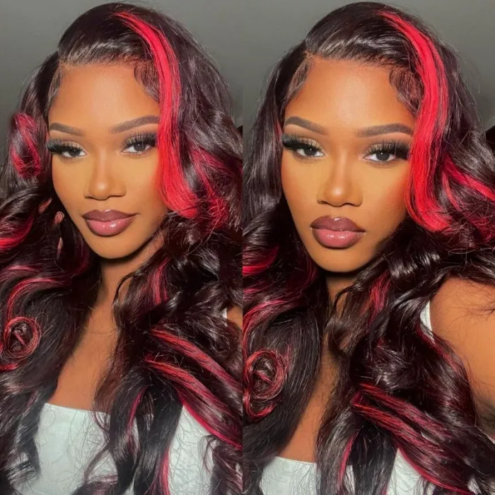 AngieQueen 13x4 Lace Frontal Wig 99J Colored With Rose Red Highlight Straight / Loose Wave Wig 180% Density
