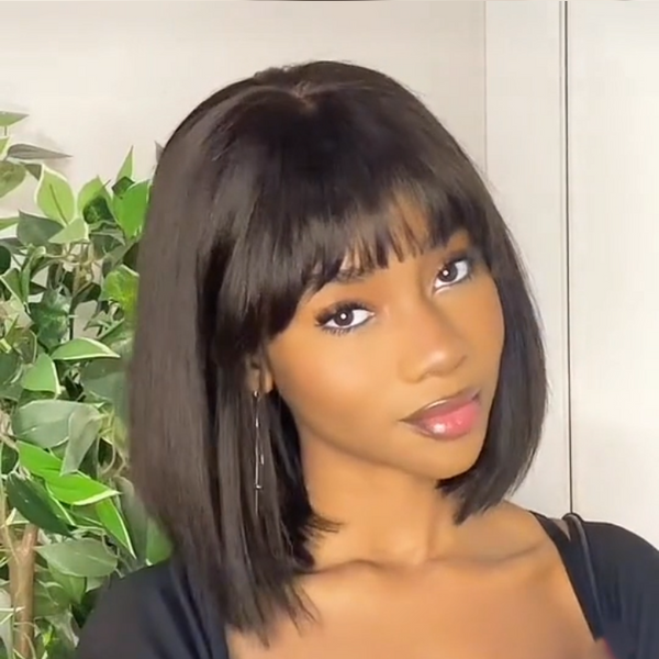 Angiequeen Realistic Yaki Straight Glueless Bob Wig With Bangs