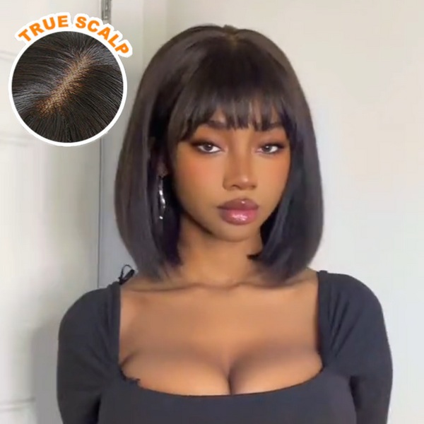 Angiequeen Realistic Yaki Straight Glueless Bob Wig With Bangs