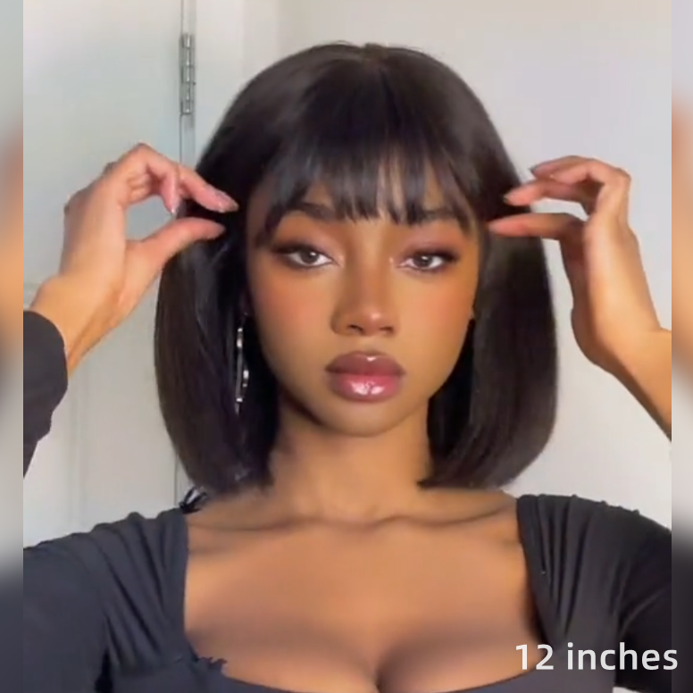 Angiequeen Realistic Yaki Straight Glueless Bob Wig With Bangs