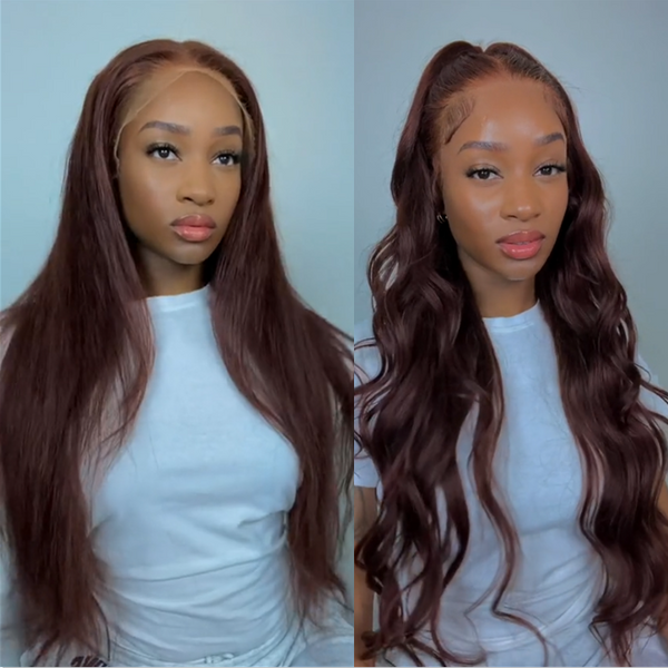 AngieQueen Dark Red Brown Human Hair Lace Front Wig 180% Density