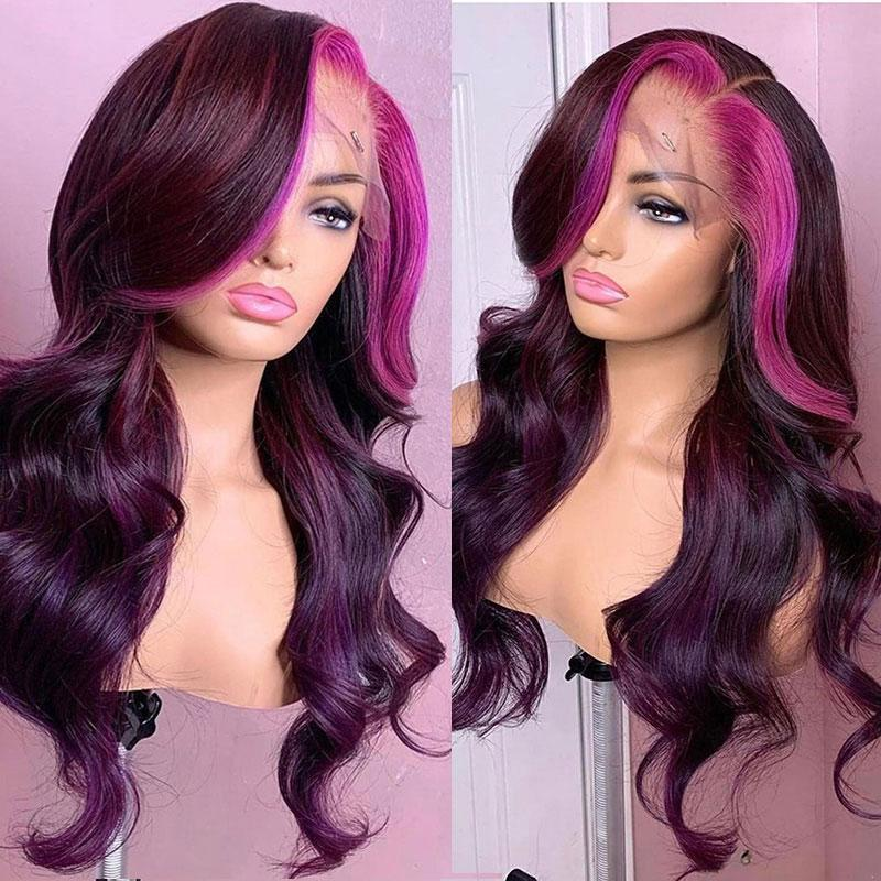 AngieQueen 13x4 Lace Front Wig Highlight Pink Purple Body Wave Humen Hair Wig