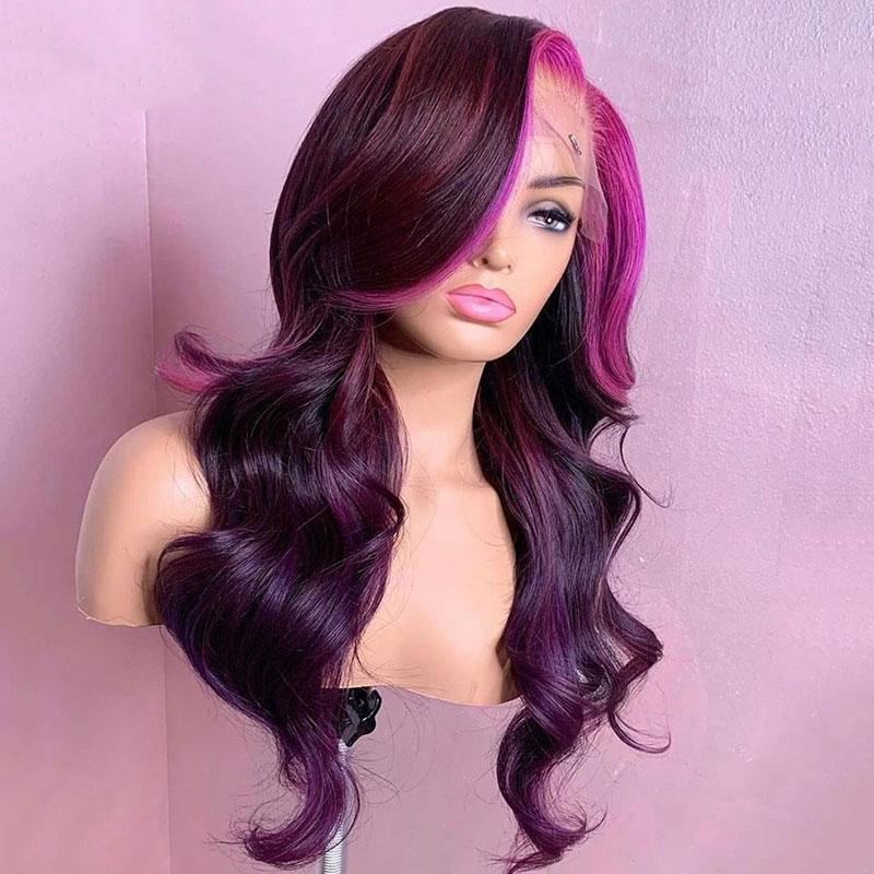 AngieQueen 13x4 Lace Front Wig Highlight Pink Purple Body Wave Humen Hair Wig