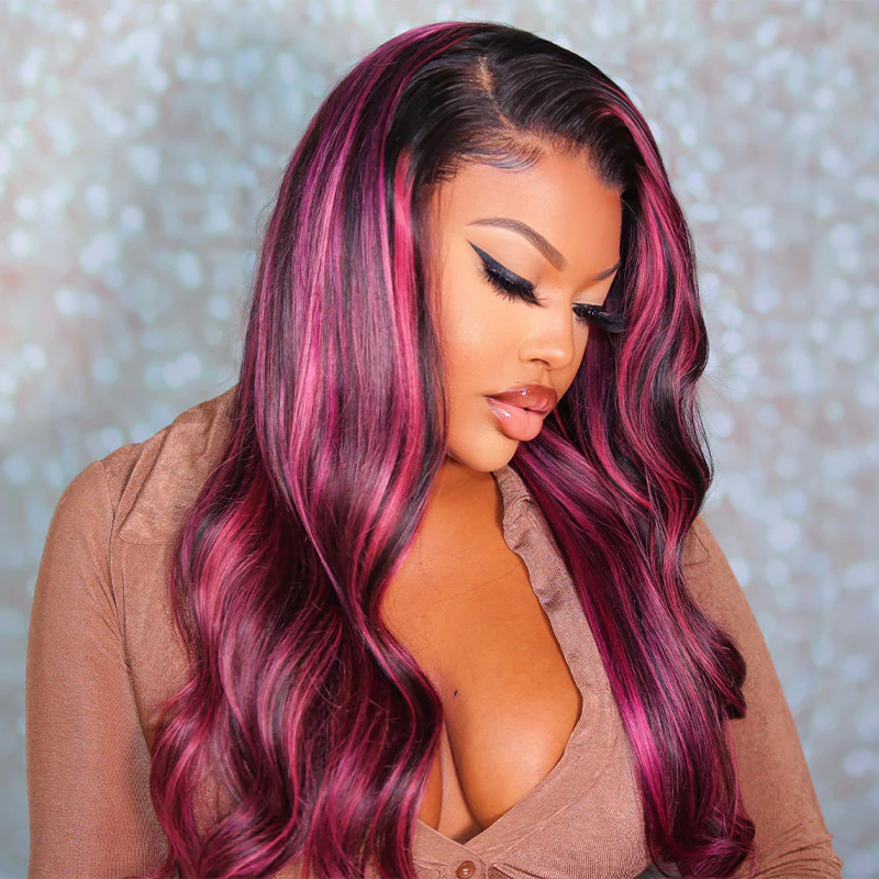 Angiequeen 13x4 Lace Front Pink Highlights Sliky Straight Human Hair Wigs