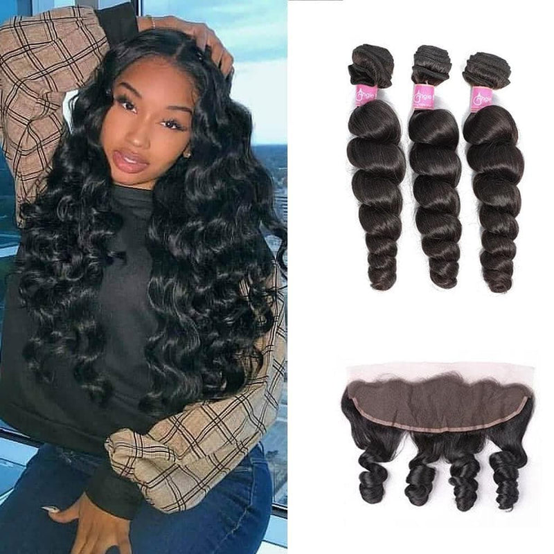 Angie Queen 3 Bundles with Frontal Indian Loose Wave Virgin Human Hair Weave Bundles