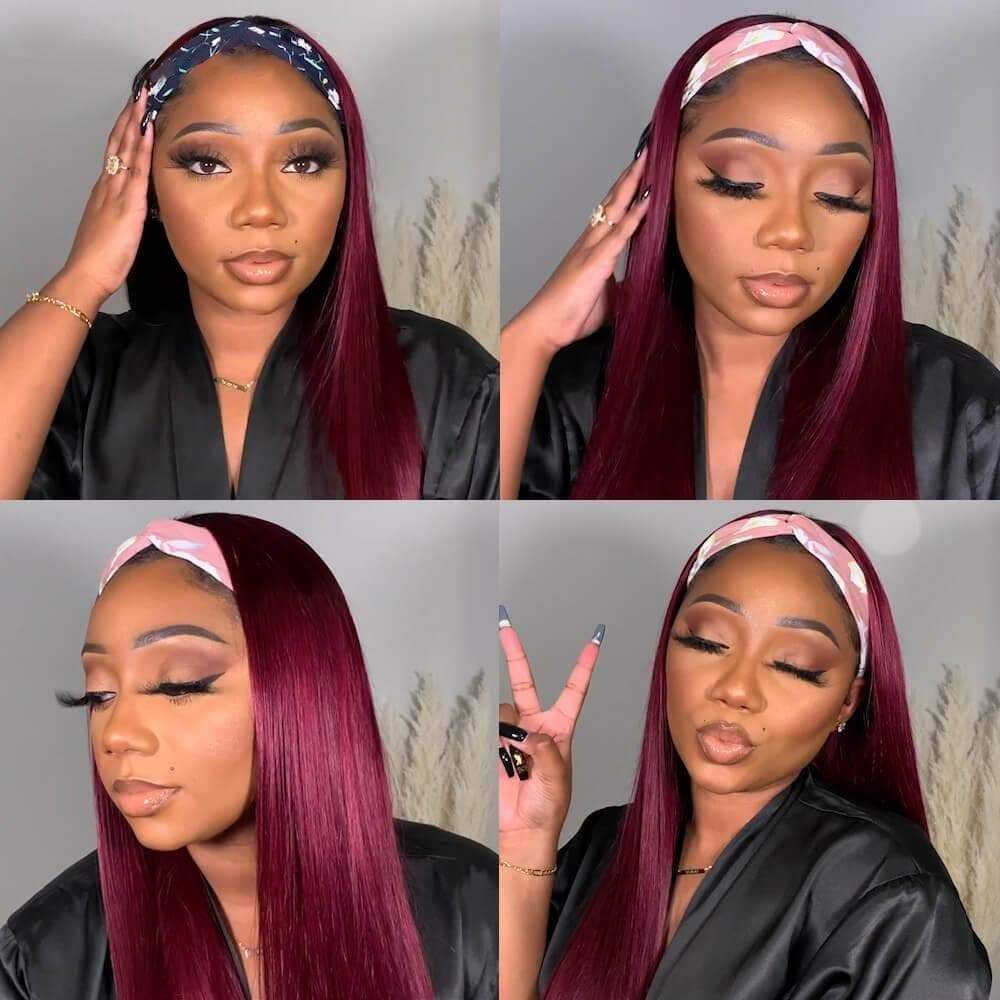 AngieQueen Straight Human Hair Wigs 1B/99J Omber Headband Wig Brazilian Remy Hair Glueless Full Machine Made Wig