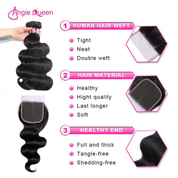 Angie Queen 4 Bundles with Closure Peruvian Body Wave Virgin Human Hair Weave Bundles