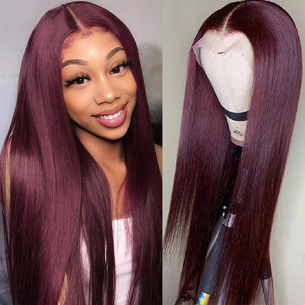 AngieQueen Colored Burgundy Transparent Lace Front Wigs Human Hair Straight Wig Red 13x4x1 Lace Frontal Wigs