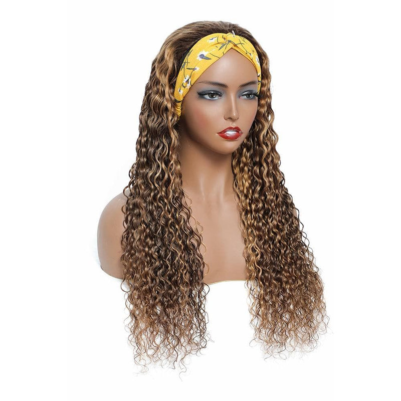 AngieQueen Deep Wave Headband Wig Human Hair Highlight #4 /27 Remy Full Machine Made Wig