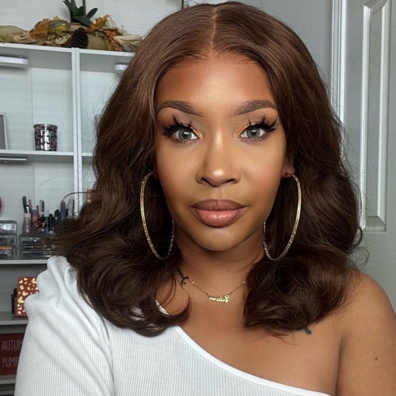 AngieQueen Chocolate Brown Body Wave Human Hair Lace Front Bob Wig 180% Density