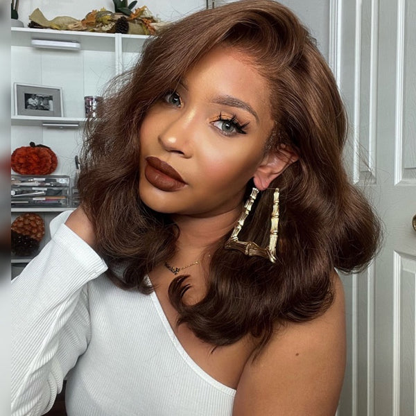 AngieQueen Chocolate Brown Body Wave Human Hair Lace Front Bob Wig 180% Density