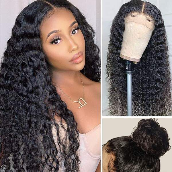 Angie Queen 4*4 Lace Closure Wigs Indian Deep Wave Human Hair Wigs 180% Density Pre-plucked