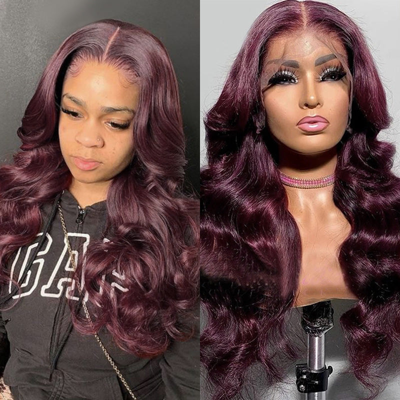 AngieQueen 99J Red and Burgundy Body Wave Part Transpant Lace Frontal Wig