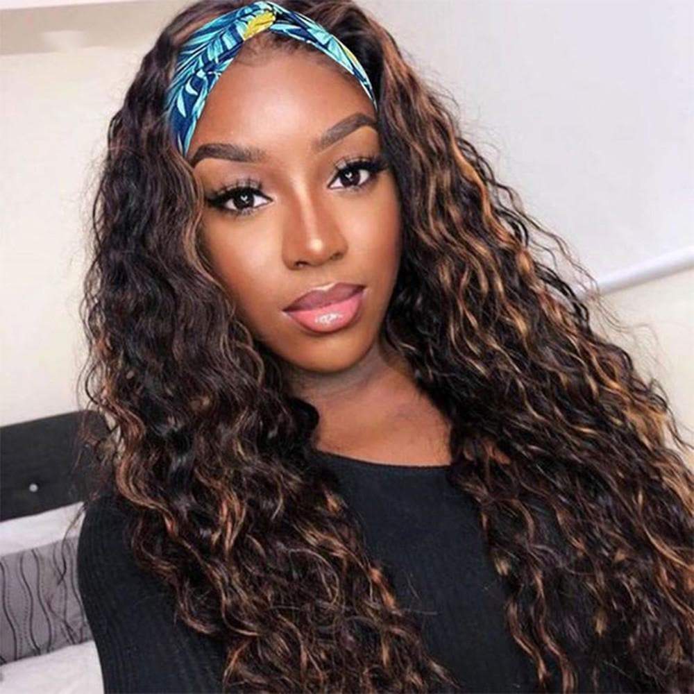 AngieQueen Water Wave Headband Wig Human Hair Highlight #4 /30 Remy Full Machine Made Wig