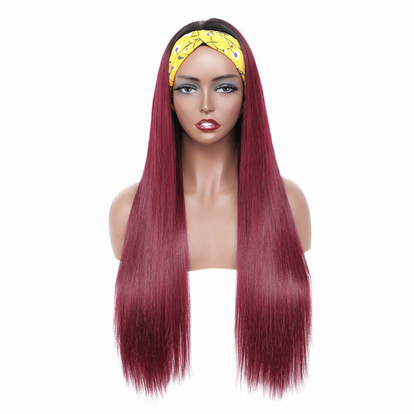 AngieQueen Straight Human Hair Wigs 1B/99J Omber Headband Wig Brazilian Remy Hair Glueless Full Machine Made Wig