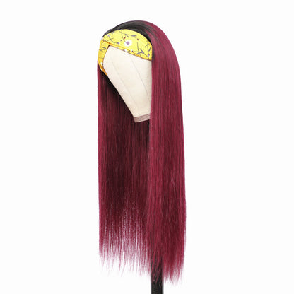 AngieQueen Straight Human Hair Wigs 1B/99J Omber Headband Wig Brazilian Remy Hair Glueless Full Machine Made Wig