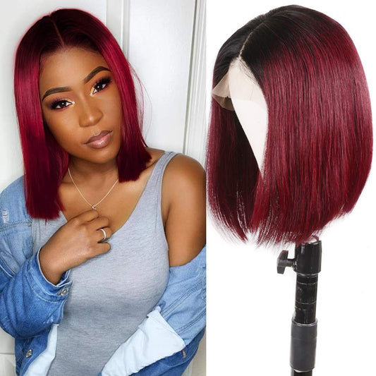Angie Queen T1b/99J Straight Middle Part Frontal Lace Bob Wig