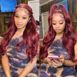 AngieQueen 99J Red and Burgundy Body Wave Part Transpant Lace Frontal Wig