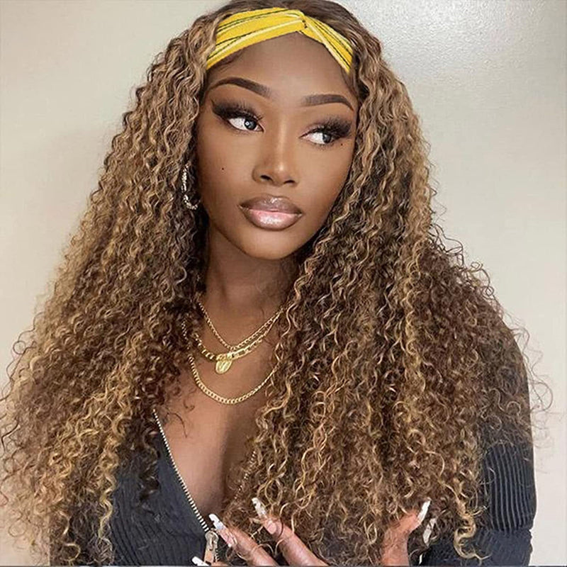 AngieQueen Curly  Wave Headband Wig Human Hair Highlight #4 /27 Remy Full Machine Made Wig