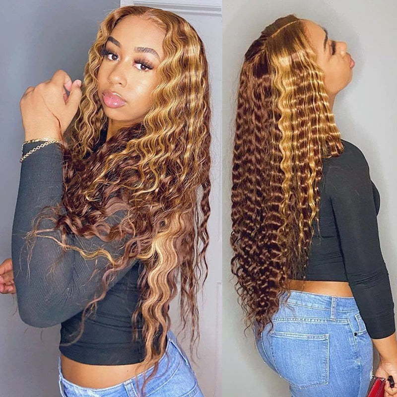 AngieQueen Glueless Breathable Wigs 5x5 Lace Wig  Deep Wave 4/27 Color Human Hair Air Wigs