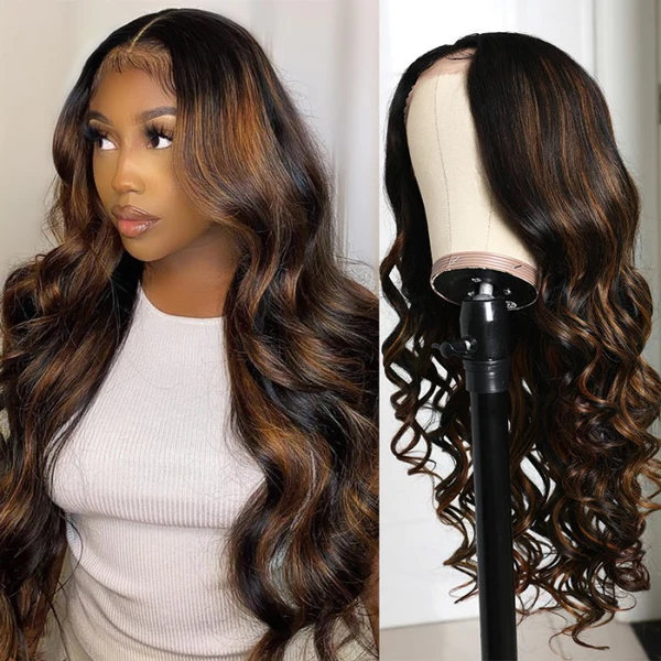 AngieQueen 1B/30 Highlight Colored Lace Front Wig Body Wave Human Hair 180% Density