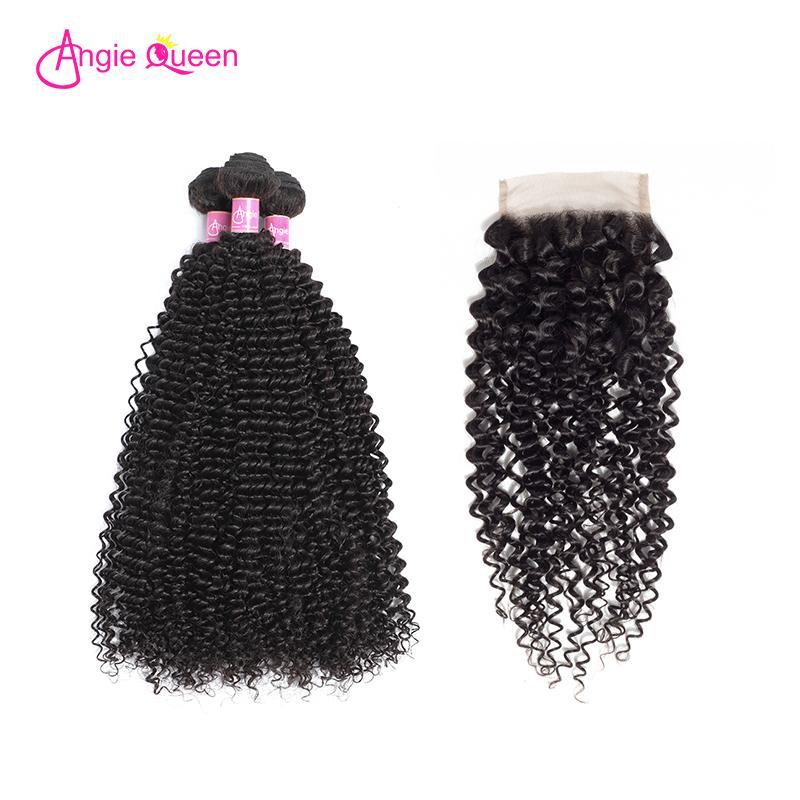 Angie Queen 3 Bundles with Closure Malaysian Curly Virgin Human Hair Weave Bundles