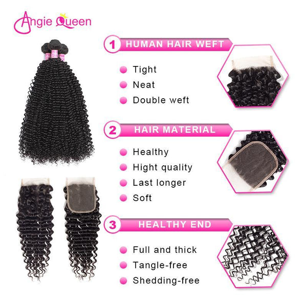 Angie Queen 4 Bundles with Closure Malaysian Curly Virgin Human Hair Weave Bundles