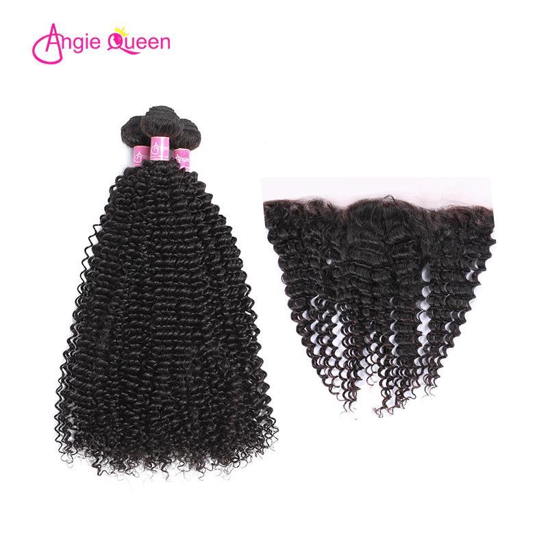 Angie Queen 3 Bundles with Frontal Malaysian Curly Virgin Human Hair Weave Bundles
