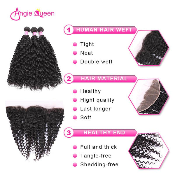 Angie Queen 3 Bundles with Frontal Brazilian Curly Virgin Human Hair Weave Bundles